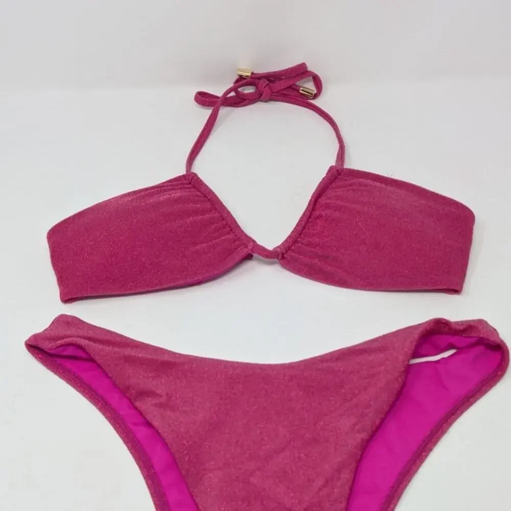 Monday Swimwear Pink Metallic Shimmer Bikini Set Small High Cut Halter